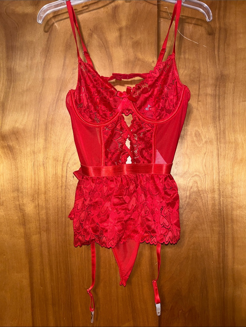 Red Lace Bustier Teddy with Garter Straps